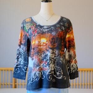 Bold Graphic “Merry Christmas” Winter Scene Top – Festive Holiday Tee